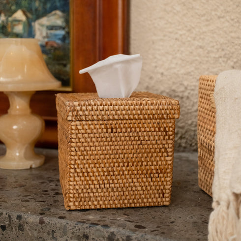 Square Rattan Tissue Cover - Wicker Tissue Boxes - Coastal Villa Homeware