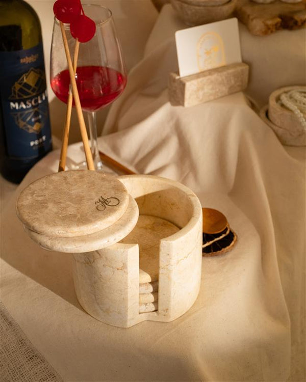 Marble Coaster Holder Set of 6 in Beige, Grey and Onyx Stone - Personalised