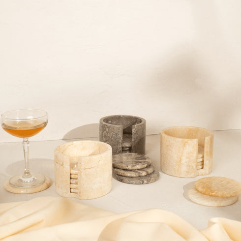 Marble Coaster Holder Set of 6 in Beige, Grey and Onyx Stone