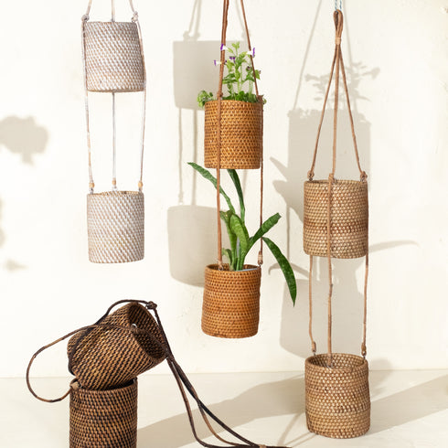 Honey brown rattan hanging planter double pot handwoven indoor