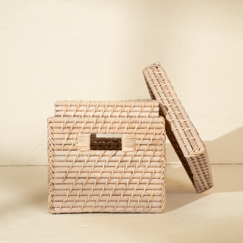Square rattan storage basket handwoven wicker dark brown finish