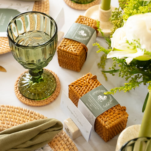 Personalised Rattan Wedding Favour Boxes with Custom Printed Sleeves