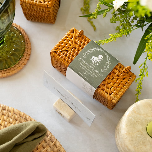 Personalised Rattan Wedding Favour Boxes with Custom Printed Sleeves
