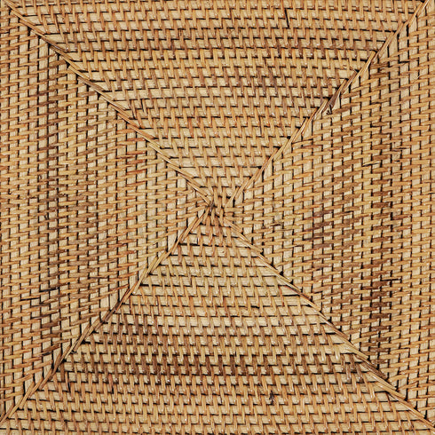 Up close of sturdy rattan weave of square wicker placemat