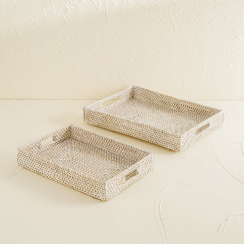 White washed Rattan tray - Rectangular Serving Tray - Coastal Villa Homeware