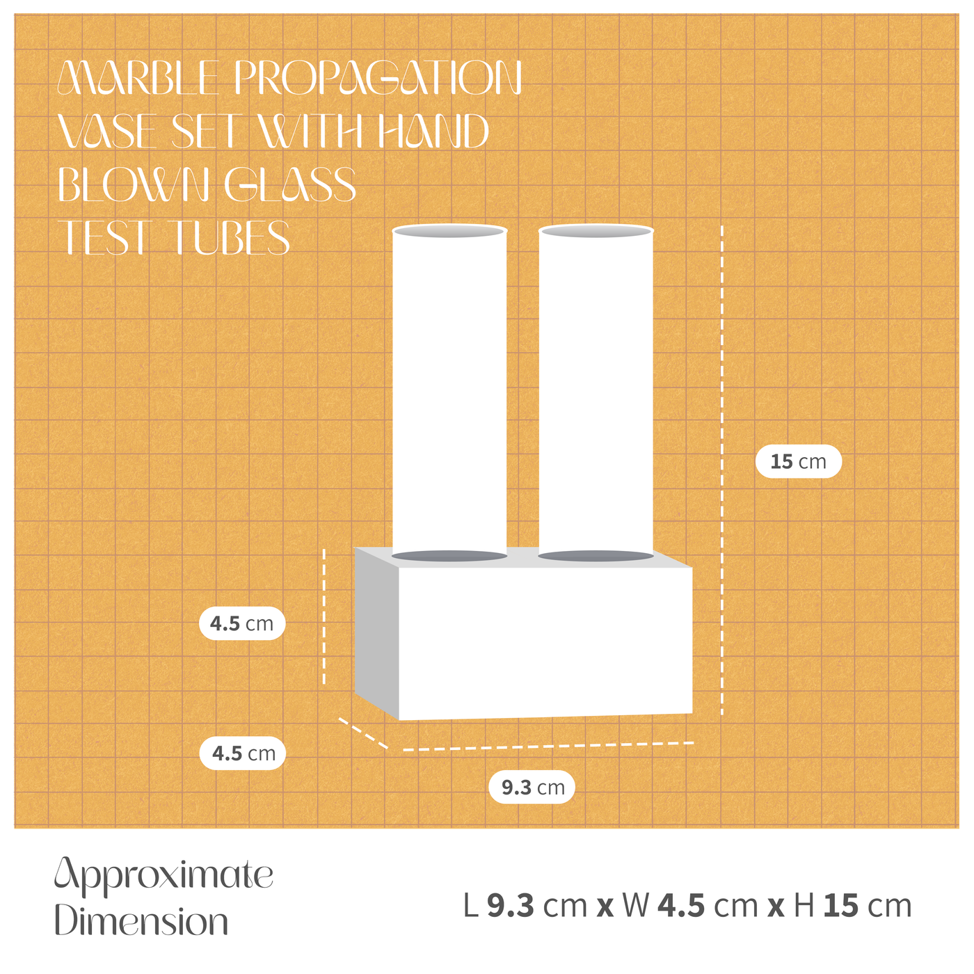 Marble Propagation Vase Set with Hand Blown Glass Test Tubes dimensions