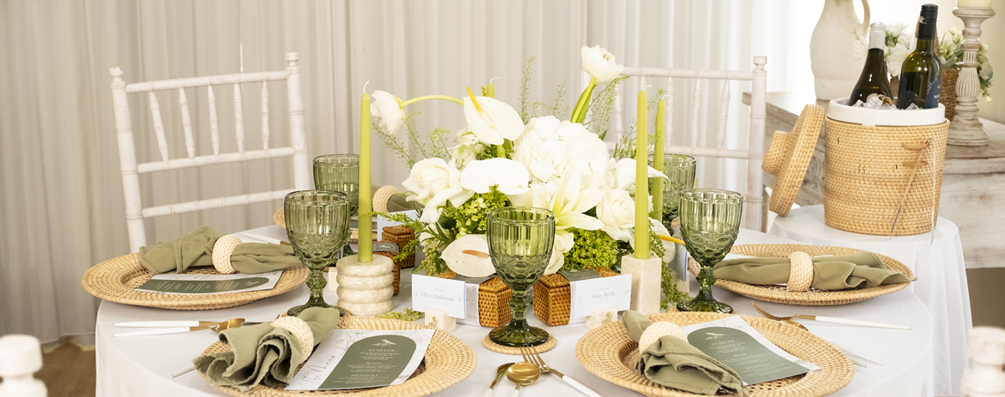 Wedding table styling with handmade rattan and marble decor