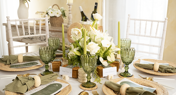 Wedding table setting with natural rattan and marble accents