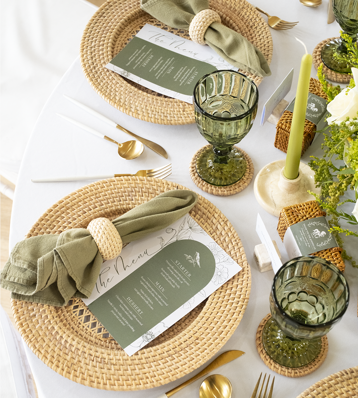 Wedding table styling with rattan and marble decor