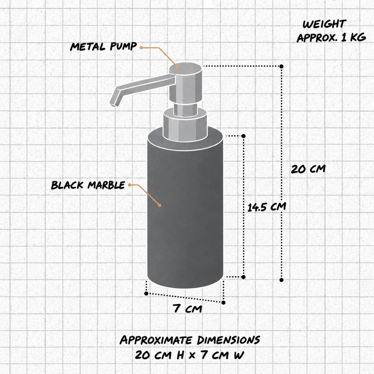 Marble Soap Dispenser With Premium Metal Pump — dimensions
