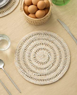 Spiral Rattan woven Placemats with holder  - White wash