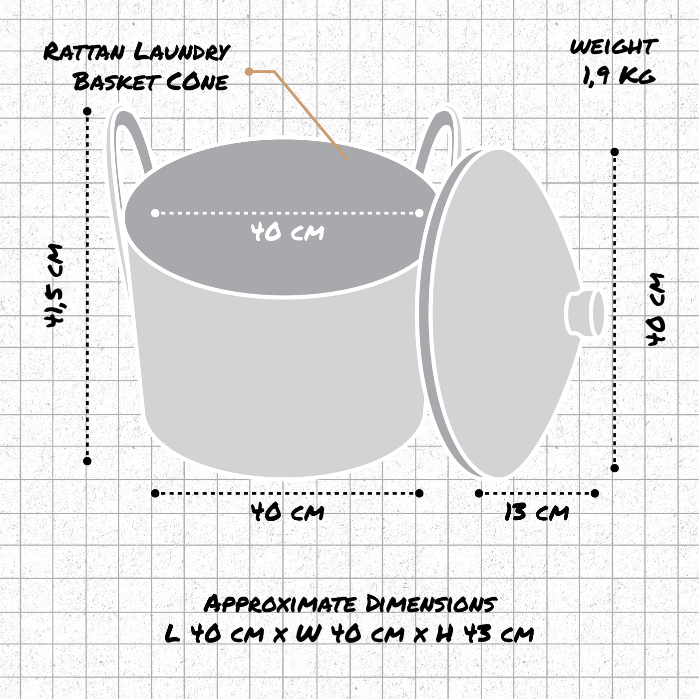 Laundry Basket With Cone Lid In 2 Sizes and Colours dimensions