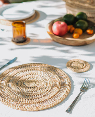 Spiral Rattan woven Placemats with holder  - Natural