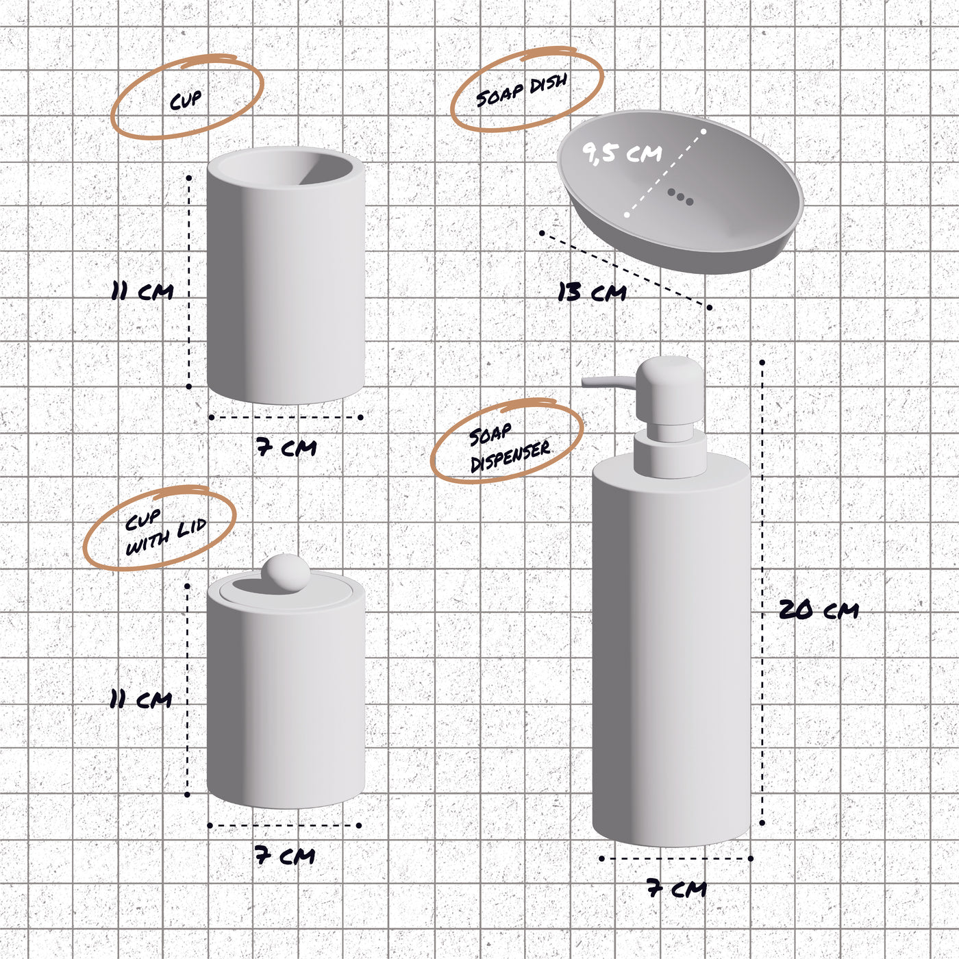 Marble Bathroom Accessories Set - Beige dimensions