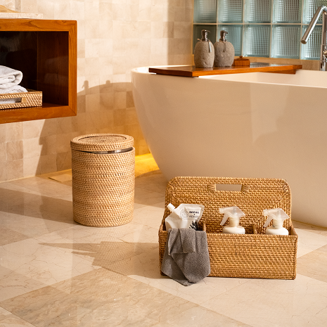 Rattan and marble hotel bathroom accessories