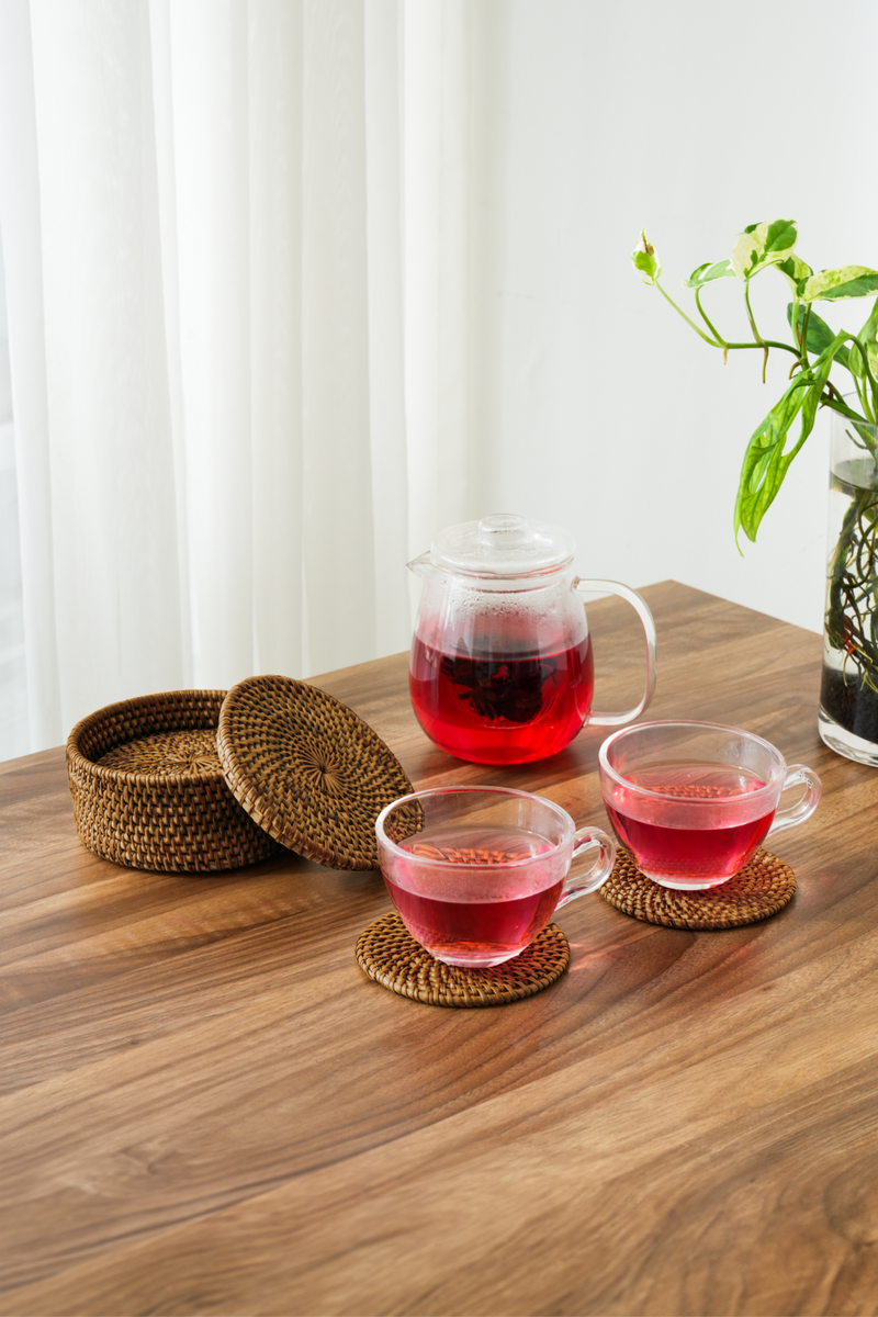 Round Rattan Coaster Set with Holder | 4 Colours