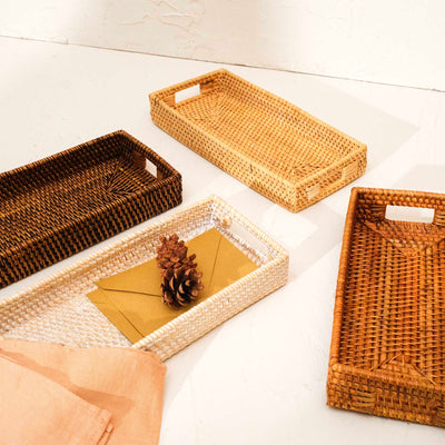 White wash mini rattan tray small rectangular display handwoven wicker