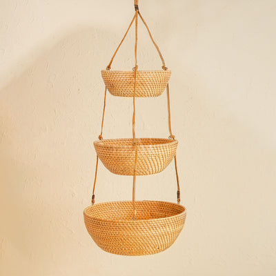 Natural rattan 3 tier hanging basket indoor plant fruit kitchen storage