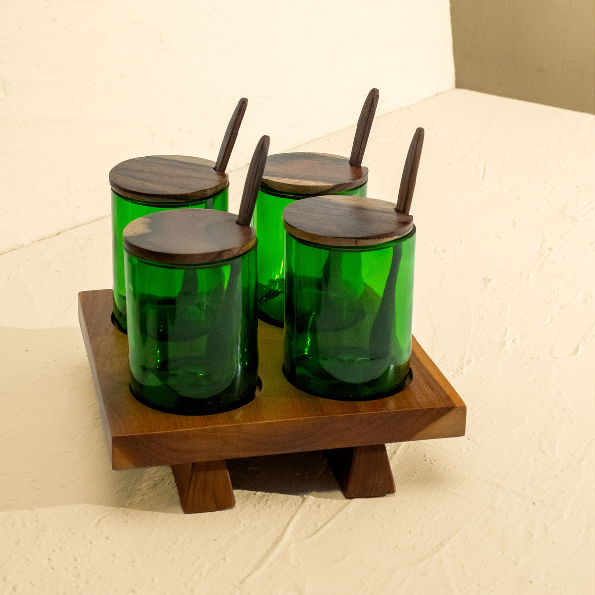 Condiment Containers with Wood Lids and Wooden Tray