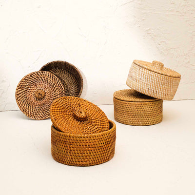 White wash round small lidded rattan basket handwoven wicker