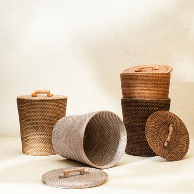 White wash wicker rattan waste paper basket with lid handwoven