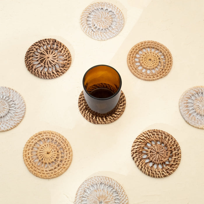 Rattan Spiral Round Coasters 10cm x 10cm In 3 Colour Washes
