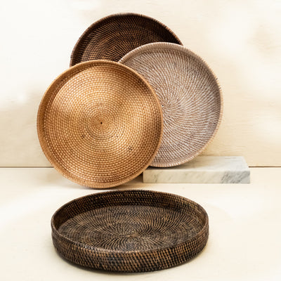 Round rattan display tray white wash 25cm handwoven wicker serving decor