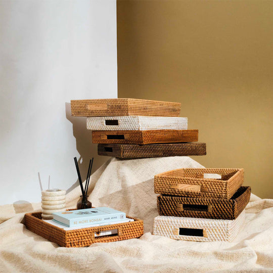 White wash rectangular rattan serving tray 33cm handwoven wicker