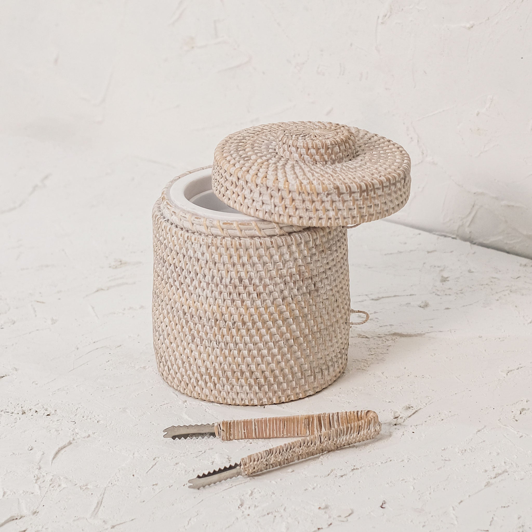 Woven Rattan Ice Bucket with Tongs, White Wash – High Street Market