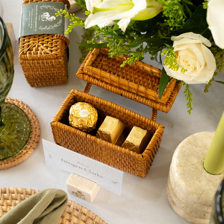 Personalised Rattan Wedding Favour Boxes with Custom Printed Sleeves