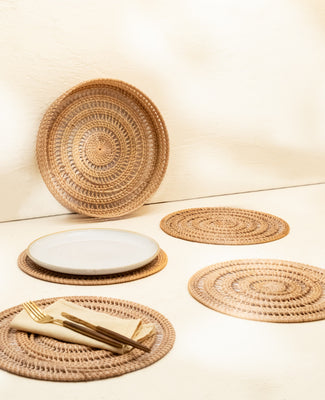 Spiral Rattan woven Placemats with holder  - Natural