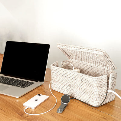 White wash rattan cable management box desk tidy organiser 4 colours
